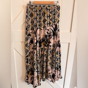 Free People A-Line Skirt in Black, Pink, and Tan Large Boho Tropical Maxi